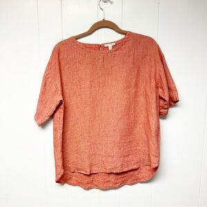 Eileen Fisher Pink Orange Short Sleeve 100% Linen Boxy Blouse Extra Small *FLAW*